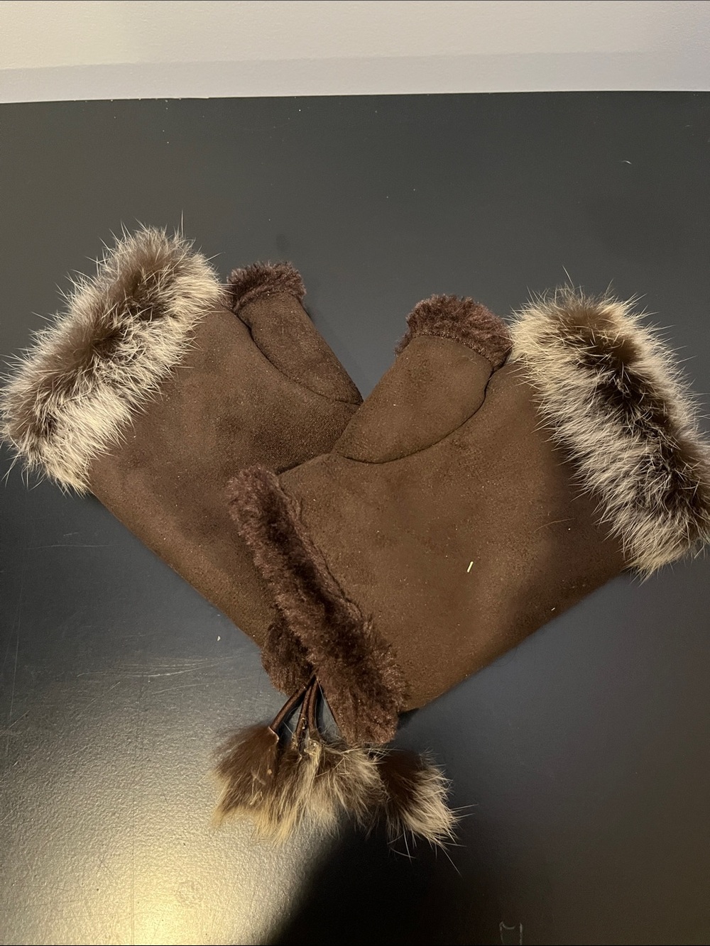 Brown Faux Suede Fingerless Mittens with Fur Trim